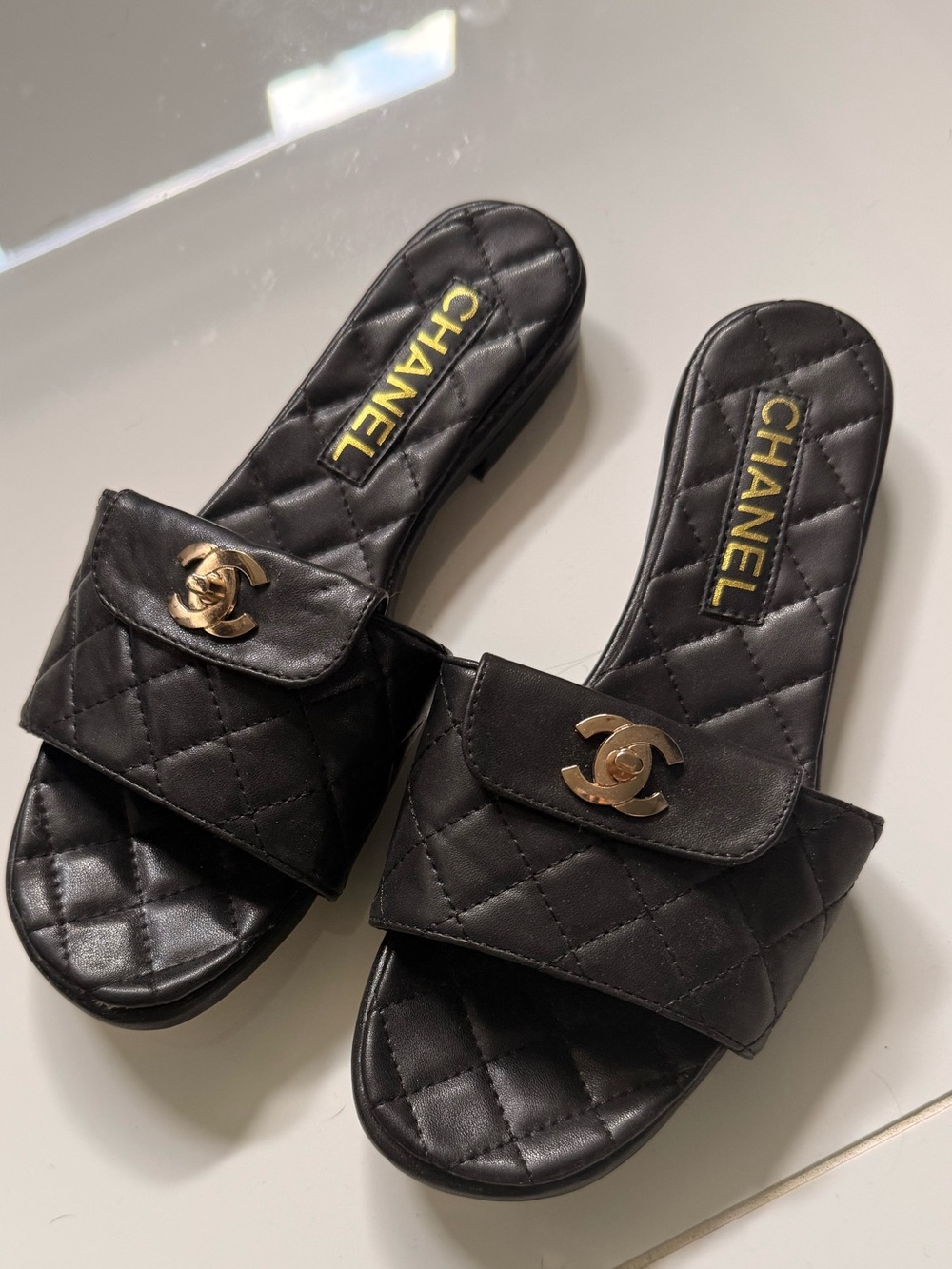 CHANEL Black Quilted Leather Slide Sandals with Gold CC Logos - Picture 5 of 7